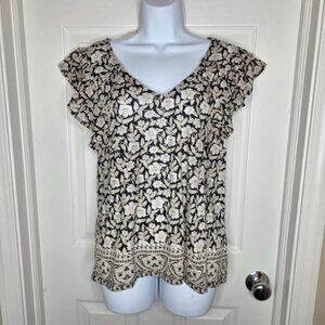 NWT Lucky Brand Flowery Cream and Black Blouse Top Size Medium